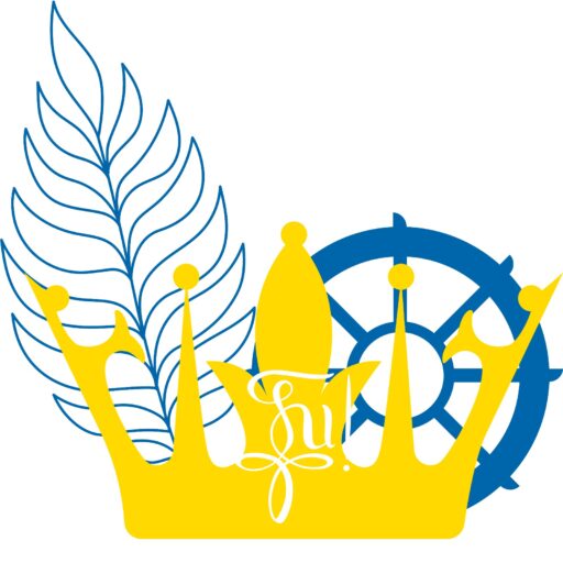 dreiteiliges Logo: Farn, Krone und Wagenrad - drei Symbole der Hl. Katharina von Alexandrien / Sancta Catharina